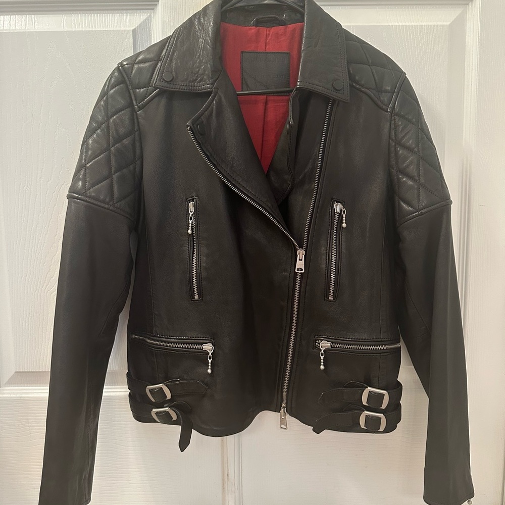 All Saints Black Leather Moto Jacket with Quilted Shoulders